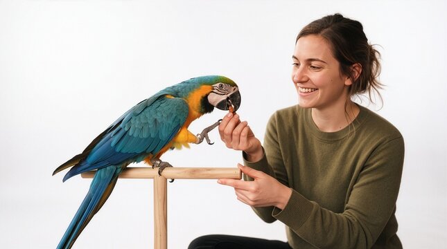 Blue and yellow macaw parrot receiving a treat during clicker training