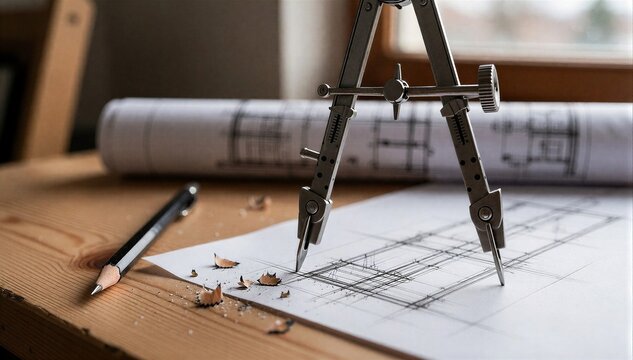 Drafting compass on architectural blueprint with pencil and shavings