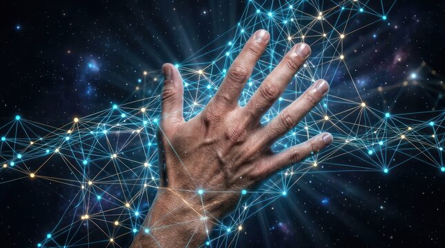 Human hand touching digital network grid in deep space cosmos