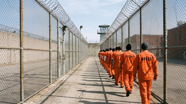 Inmates walk through a razor wire enclosed prison yard. Prisoners in orange uniforms approach a guard tower. Incarceration and criminal justice. Correctional facility security and detention.