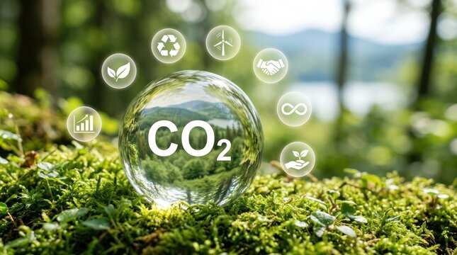 Glass globe with CO2 text and eco friendly icons in forest