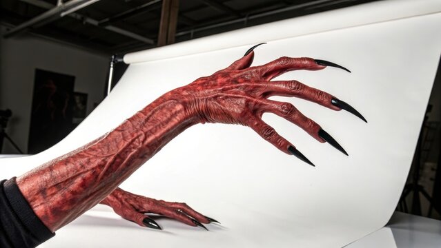 Creepy red monster arms with long black claws in a studio demon hands prosthetic arms studio backdrop creature design