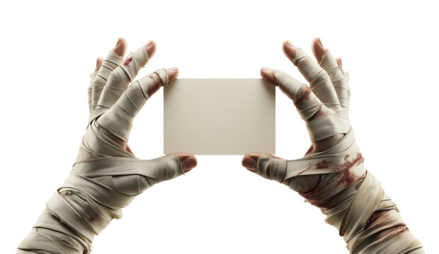 Mummy hands wrapped in bloody bandages holding a blank white card with halloween spooky monster hands bandaged hands bandages