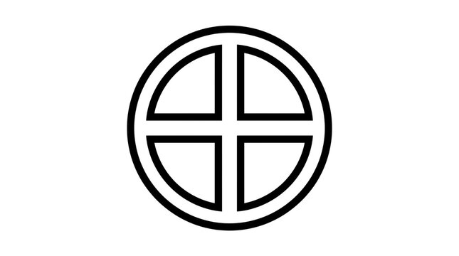 Minimalist solar cross symbol, black line art sun cross icon, ancient pagan wheel cross emblem isolated on white background