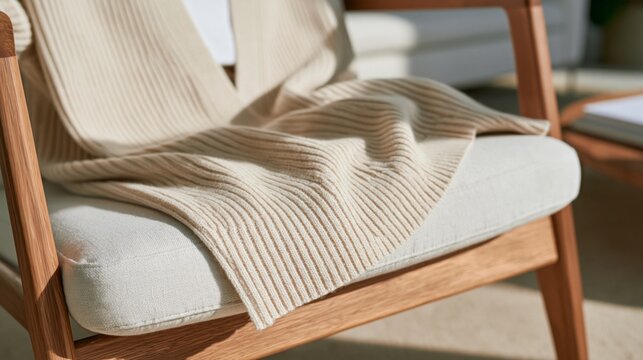 Soft knitted blanket draped over a wooden chair