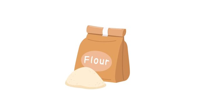 vector animated brown paper bag labeled "Flour" with a pile of loose flour beside it against a white background
