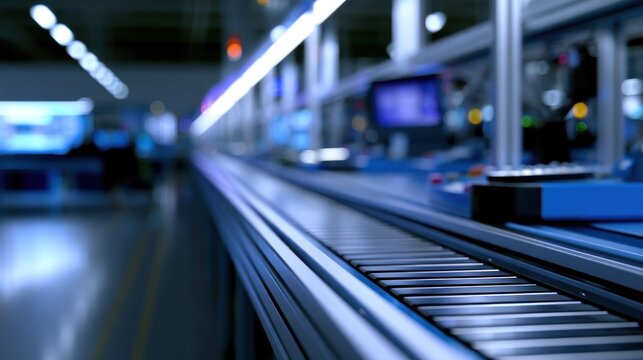 A modern, automated conveyor belt system in a high-tech factory with blurred background screens
