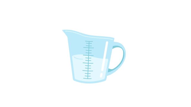 vector illustration of a light blue liquid measuring cup filled with water, featuring measurement scale lines for baking