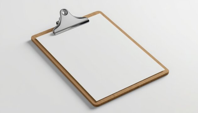 Wooden clipboard with a blank white paper sheet isolated on white background