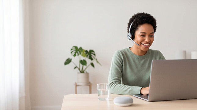Smiling African American woman wearing a headset and working on a laptop at a bright home office desk