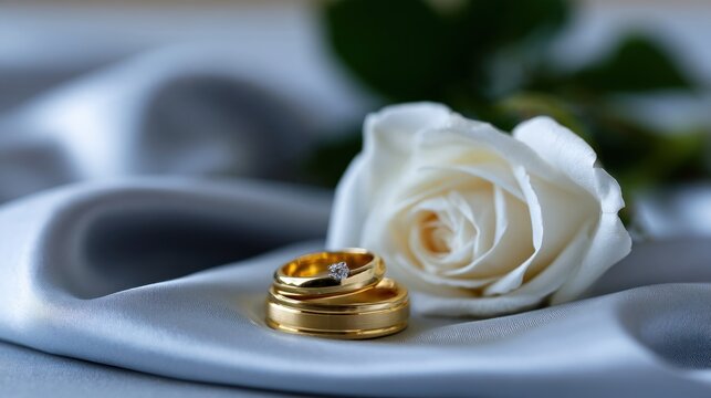 Gold rings rest on silky fabric beside a delicate white rose, symbolizing elegance and commitment