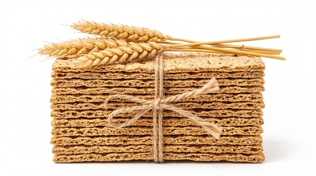 Stack of healthy crispbread tied with twine decorated with wheat ears on white background