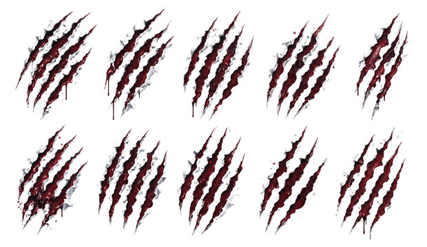 Set of bloody claw marks and scratches isolated on white background with monster claws beast scratches animal claws scratches