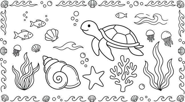 Sea Life Coloring Page with Turtle Fish and Shells Vector Illustration