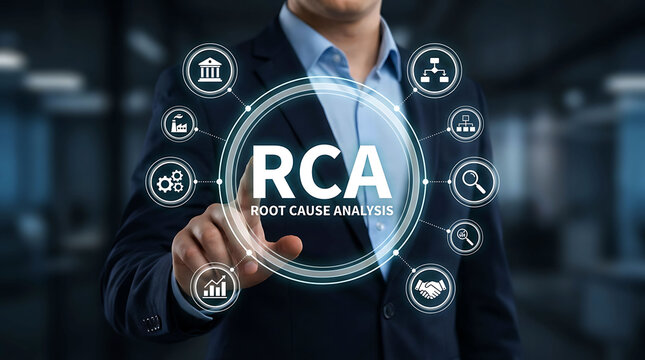 Businessman interacting with Root Cause Analysis RCA concept graphic interface