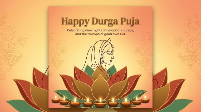 Happy durga puja greeting with goddess durga illustration, lotus, and diyas on warm gradient background.