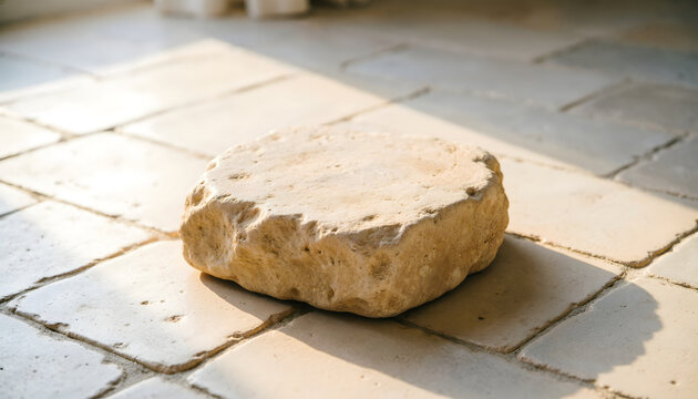 Pedestal de piedra natural sobre piso de azulejos con sombra de luz solar de ventana