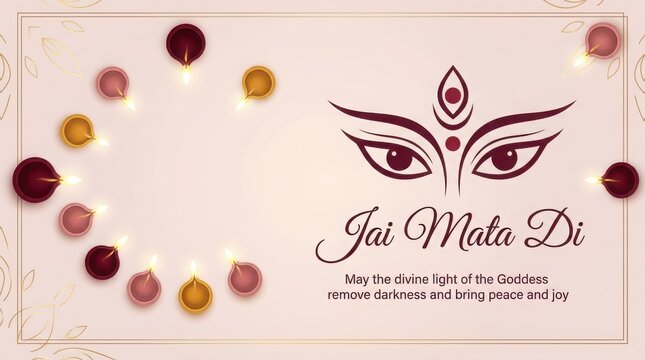 Jai Mata Di wishes for Navratri festival with goddess durga eyes and decorative diya lamps.