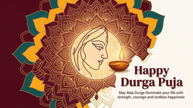 Happy durga puja greeting card design with goddess durga sketch and mandal art background with glowing diya.