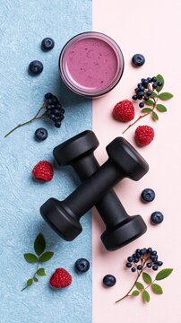 Bright pink and blue background with fresh berries