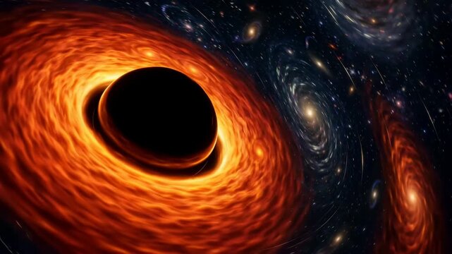 Black hole with glowing orange accretion disk and gravitational lensing in deep space, 4k