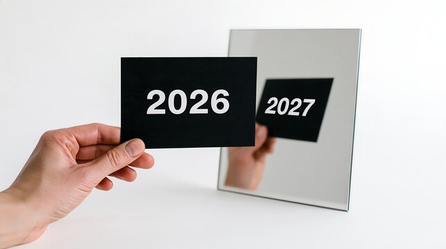 Hand holding a black card with the number 2026, reflecting in a mirror as 2027, representing the transition between two years