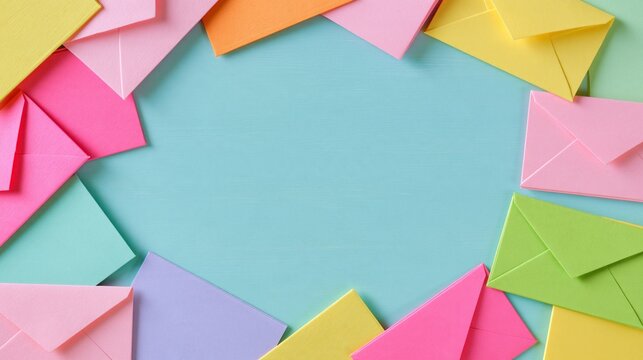 Pastel envelopes frame a soft blue center