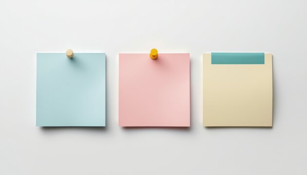 Three colorful sticky notes pinned to a white wall, blue, pink, and yellow paper squares isolated on white background