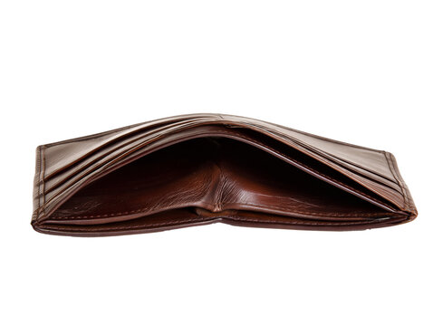 Empty brown leather bifold wallet opened wide isolated