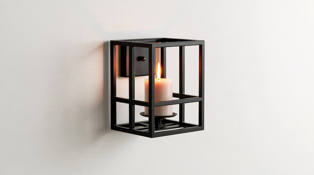 Black metal wall candle sconce with a lit pillar candle isolated