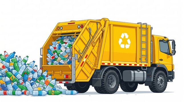 Yellow recycling truck loaded with plastic bottles. Plastic waste collection and recycling. Waste management and resource recovery. Environmental conservation and sanitation.