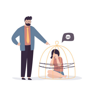 Dominant man points accusingly at weeping woman trapped inside golden cage wrapped with barbed wire. skull speech bubble symbolizes toxic threats. Emotional abuse and control