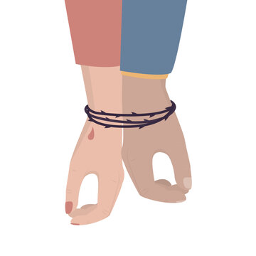 Bad family relationships, discord. Two hands of couple tightly bound together by barbed wire, causing one to bleed. Toxic relationship, emotional pain and codependency