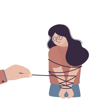 Woman arms tightly tied with dark ropes. Man hand holds end of rope, control and manipulation in an abusive relationship. Entrapment, lack of freedom, and emotional distress