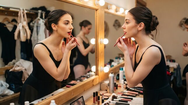 Professional Ballet Dancer Applying Makeup in Mirror Reflection in a Dressing Room Backstage Setting