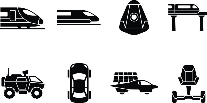 Futuristic Transport Icon Set - Black vector silhouettes of high-speed trains, space capsule, solar car, and urban transit vehicles.