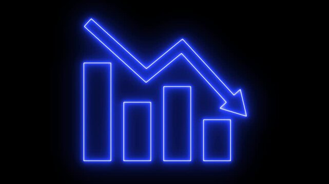 Neon sign Declining bar chart with downward trend. Business graph. loss graph direction. damage business graph. down business graph icon. arrow is going down. 
