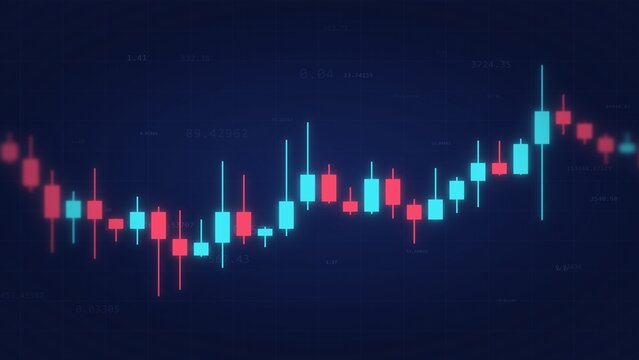 Stock market candlestick chart rising on dark blue background with price numbers, trading, cryptocurrency, forex, investment growth and financial data concept