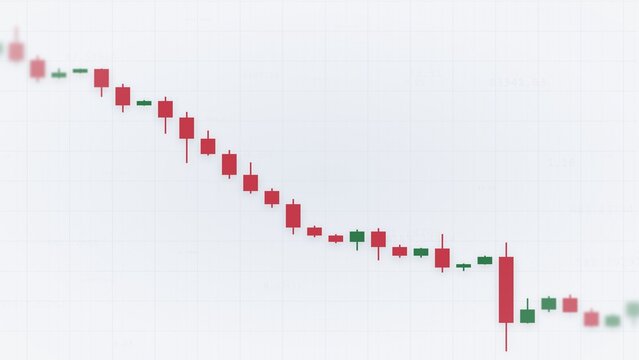 Stock market candlestick chart falling on white background, bearish downtrend, market crash, recession, trading loss, forex and investment risk data concept