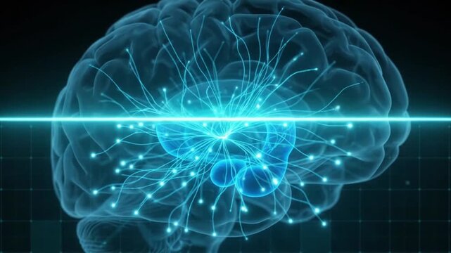 Futuristic glowing blue human brain scan in digital HUD interface medical research neuroscience AI concept