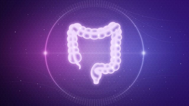 Glowing human large intestine hologram on purple hexagon background, colon anatomy, digestive system, gut health, colonoscopy and gastroenterology medical concept