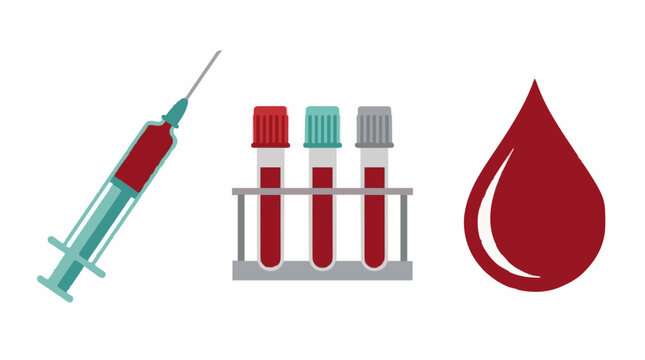 Medical collection featuring a clinical syringe blood sample test tubes and a red liquid drop for health diagnostic and laboratory research analysis