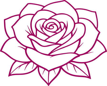 Clean magenta line-art rose isolated on a white background, ideal for floral design, wedding invitations, tattoos, greeting cards, logos, coloring pages, and decorative craft projects