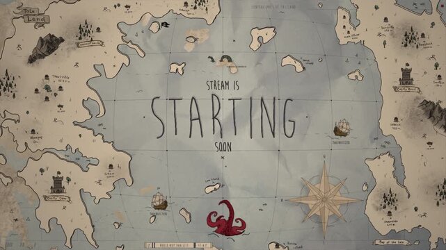Hand drawn fantasy map stream loop background with starting soon message. Ideal for adventure stream openers, pirate game intros, and fantasy countdowns.