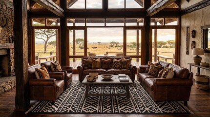 Obraz premium Rustic lodge living room overlooking an African savanna with zebras and elephants. Wildlife view from a timber-framed lounge. Safari hospitality. Luxury travel and interior design.