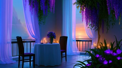 Fototapeta premium Romantic terrace dining setup with sunset view under lush purple flowers and glowing candles