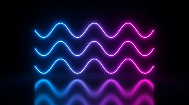 Three horizontal neon sine waves with blue and magenta gradient glow, reflected on a dark glossy surface against a black background