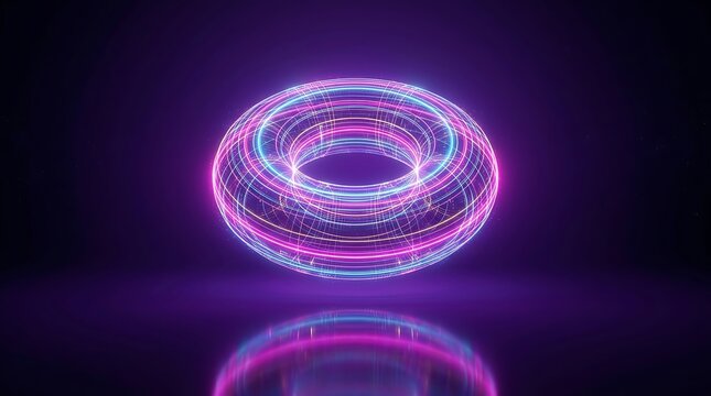 Glowing neon toroidal with concentric light rings, floating in a dark purple space with a reflective surface underneath