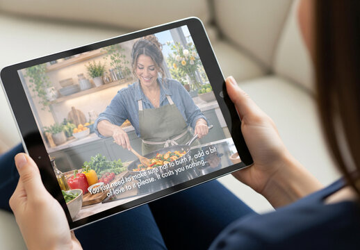 Tablet mockup of woman watching cooking show online