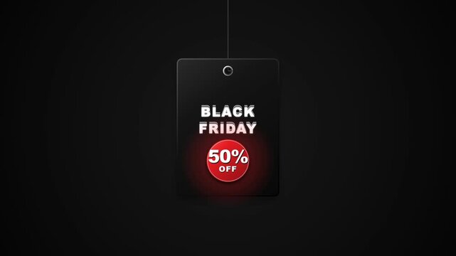Premium 3D microstock motion graphic featuring an elegantly sized black price tag that activates into a glowing Black Friday discount event. Features extruded typography, glossy red acrylic badge, and